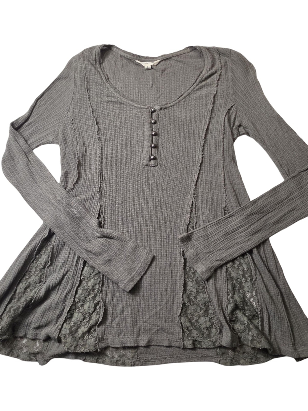 Lucky Brand Dark Olive Lace Thermal Henley Top Small Boho Grunge Romantic Layere